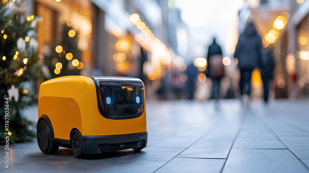 Autonomous delivery robot navigating busy street during holiday season, showcasing modern technology and urban life Autonomous delivery robot navigating busy street during holiday season, showcasing modern technology and urban life