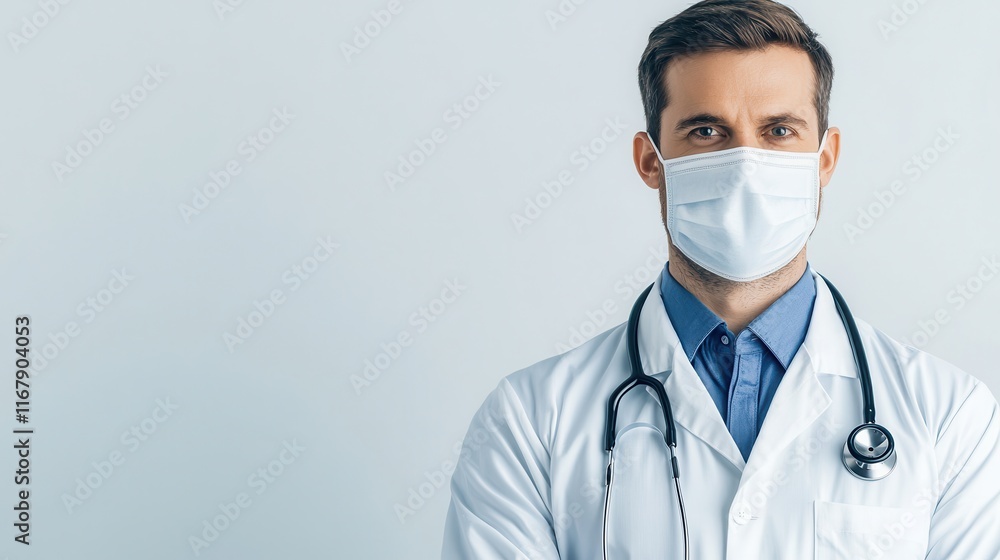 Young Doctor in Medical Coat and Face Mask with Stethoscope Young Doctor in Medical Coat and Face Mask with Stethoscope