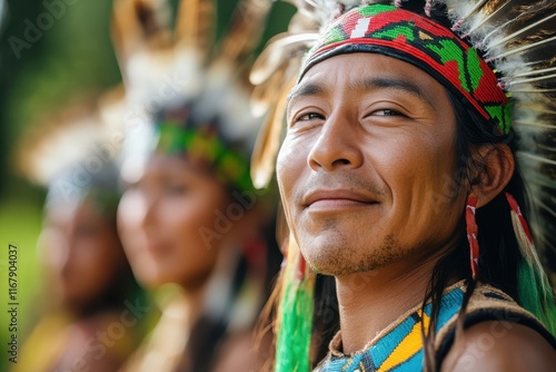 Indigenous celebration featuring traditional attire and joyful expressions in a vibrant outdoor setting photo