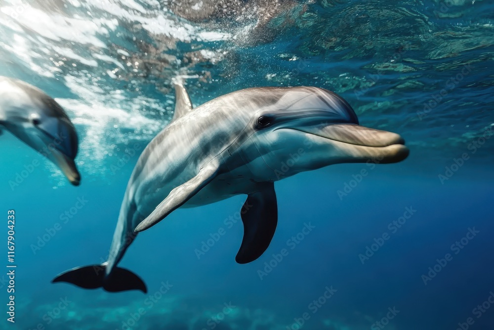Fototapeta premium Dolphins glide gracefully through vibrant ocean waters during a sunny day, showcasing their playful nature and intelligence