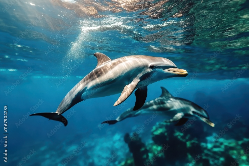 Obraz premium Dolphins glide gracefully through crystal-clear waters, showcasing their playful nature in a vivid underwater paradise