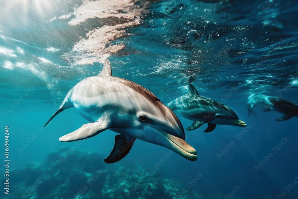 Dolphins gracefully swimming in crystal-clear ocean waters during a serene day under the sun Dolphins gracefully swimming in crystal-clear ocean waters during a serene day under the sun