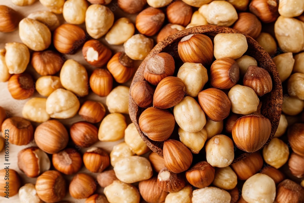 Elegant arrangement of assorted hazelnuts in a rustic bowl showcases the beauty of nature's bounty in a cozy kitchen setting Elegant arrangement of assorted hazelnuts in a rustic bowl showcases the beauty of nature's bounty in a cozy kitchen setting
