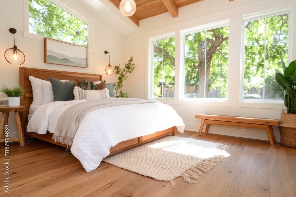 Fototapeta premium Bright and airy bedroom with natural elements inviting tranquility and comfort during a sunny afternoon