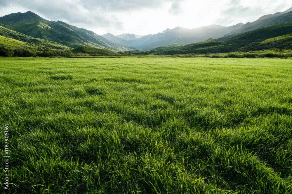 Obraz premium Vibrant green meadows nestled between majestic mountains under a dramatic sky near twilight hours