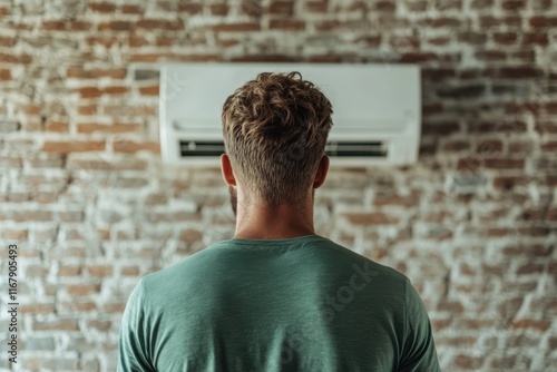 Man enjoying cool breeze from air conditioner in cozy industrial space