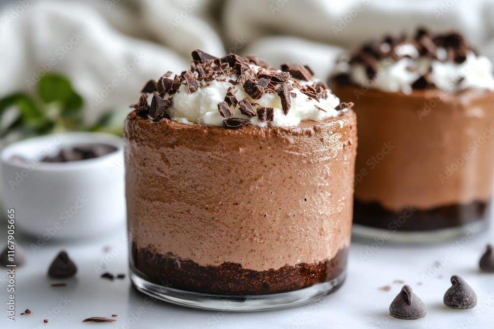 Indulgent chocolate mousse cups topped with whipped cream and chocolate shavings make a delightful dessert experience Indulgent chocolate mousse cups topped with whipped cream and chocolate shavings make a delightful dessert experience