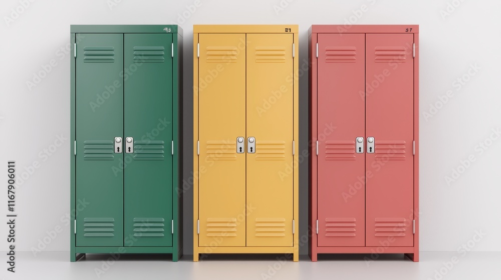 Colorful Metal Lockers in Green, Yellow, and Red Against White Wall Colorful Metal Lockers in Green, Yellow, and Red Against White Wall