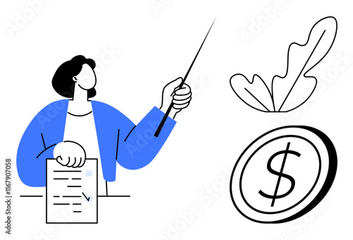 Person highlights a document while pointing at a dollar coin with an upward trend leaf graphic. Ideal for finance, business growth, investment, education, presentations, economy, and analysis