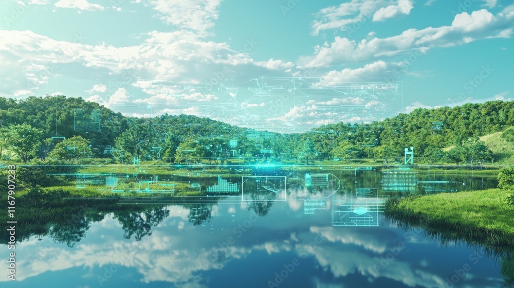 Fototapeta premium Futuristic Augmented Reality Interface Enhancing Natural Landscape with Interactive 3D Elements - Ultra-Detailed Digital Artwork