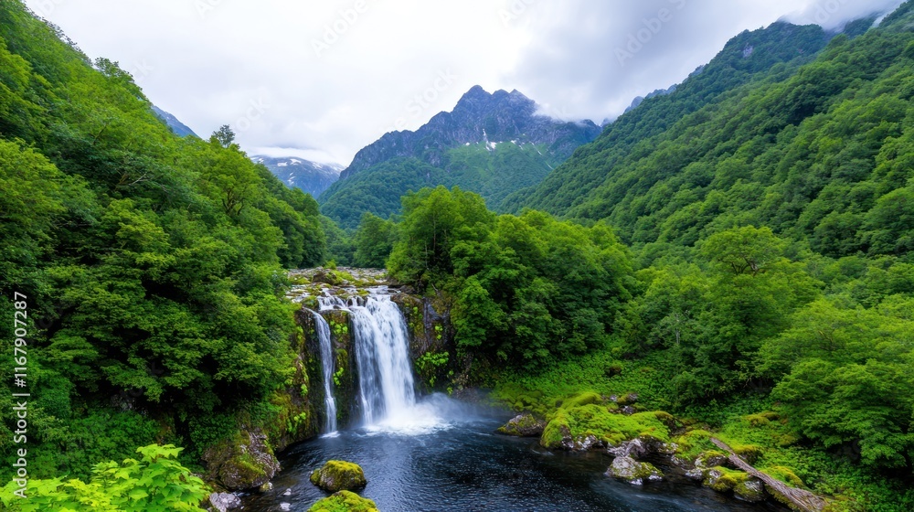 Serene waterfall cascading through lush green mountains. Serene waterfall cascading through lush green mountains.