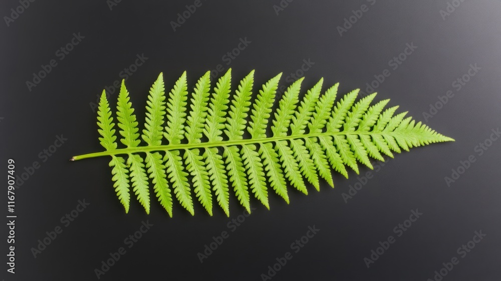 A vibrant green fern leaf displayed on a dark background. A vibrant green fern leaf displayed on a dark background.