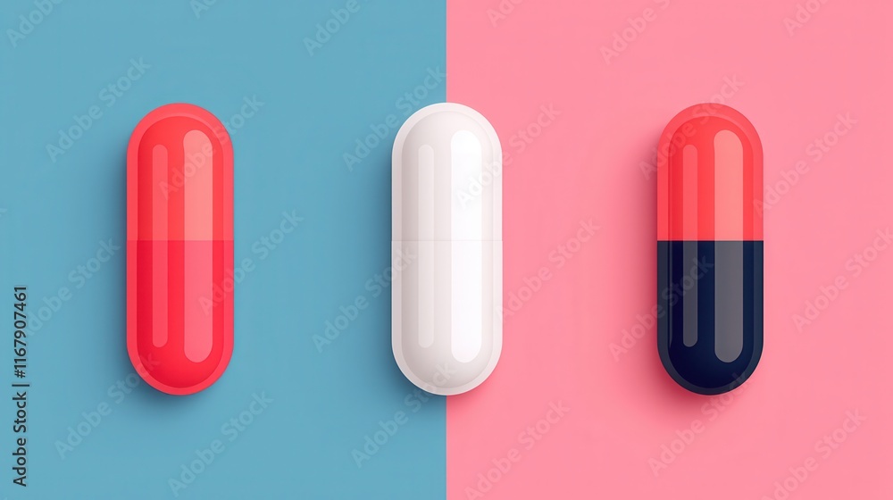 Colorful Capsules on Blue and Pink Background with Modern Design Colorful Capsules on Blue and Pink Background with Modern Design