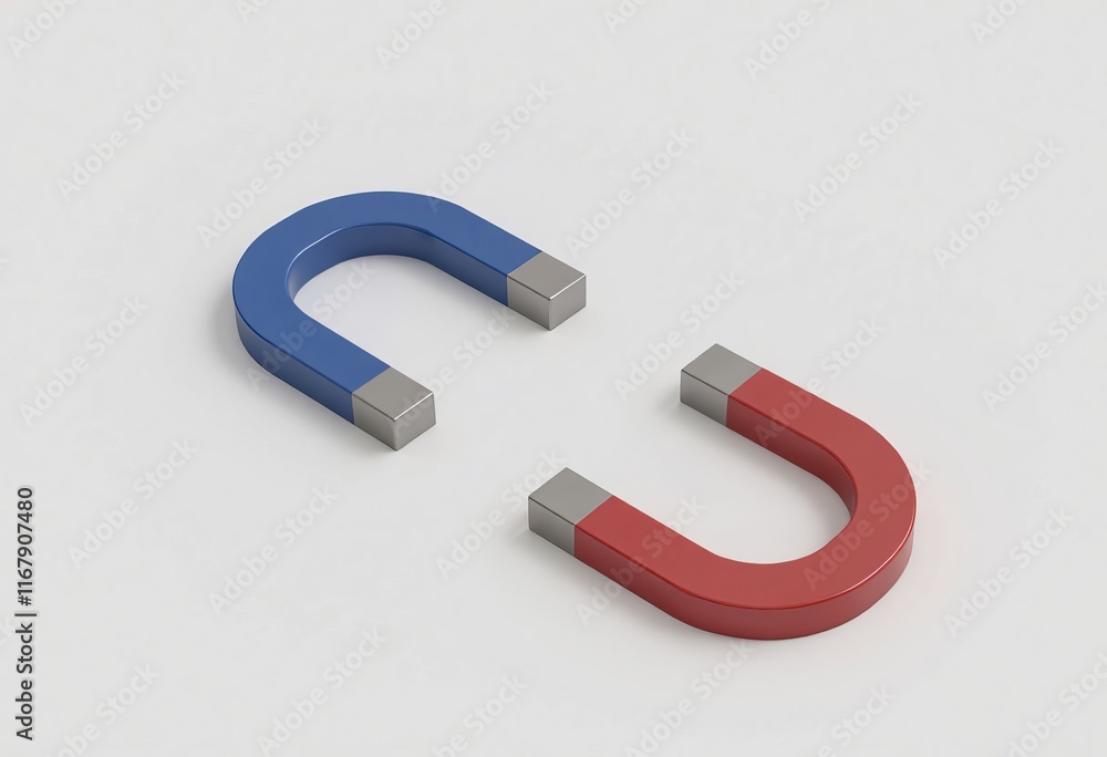 Two horseshoe magnets, blue and red, on white background Two horseshoe magnets, blue and red, on white background