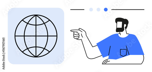 Globe with black equator lines. Man in blue shirt pointing at globe. Ideal for globalization, communication, network growth, education, travel, language learning multiculturalism. Abstract line flat