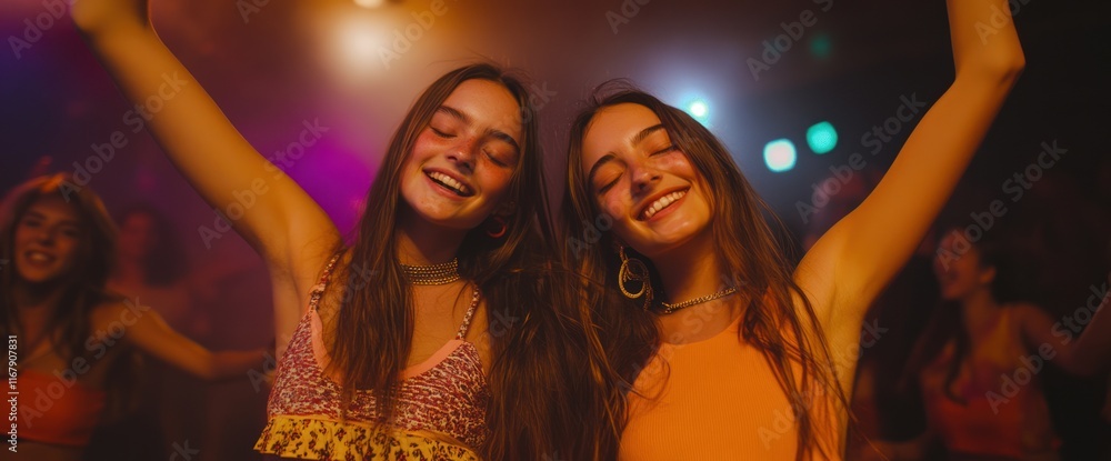 Naklejka premium Two Happy Young Women Dancing at a Concert