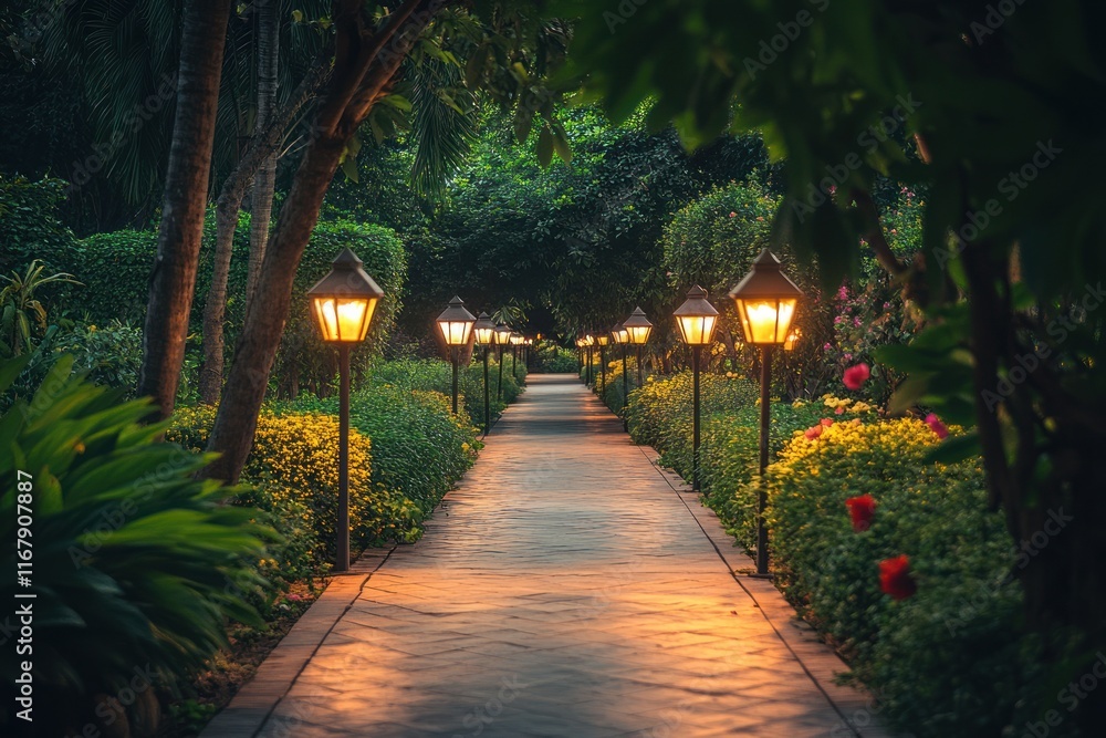Illuminated Pathway Through a Lush Garden Illuminated Pathway Through a Lush Garden