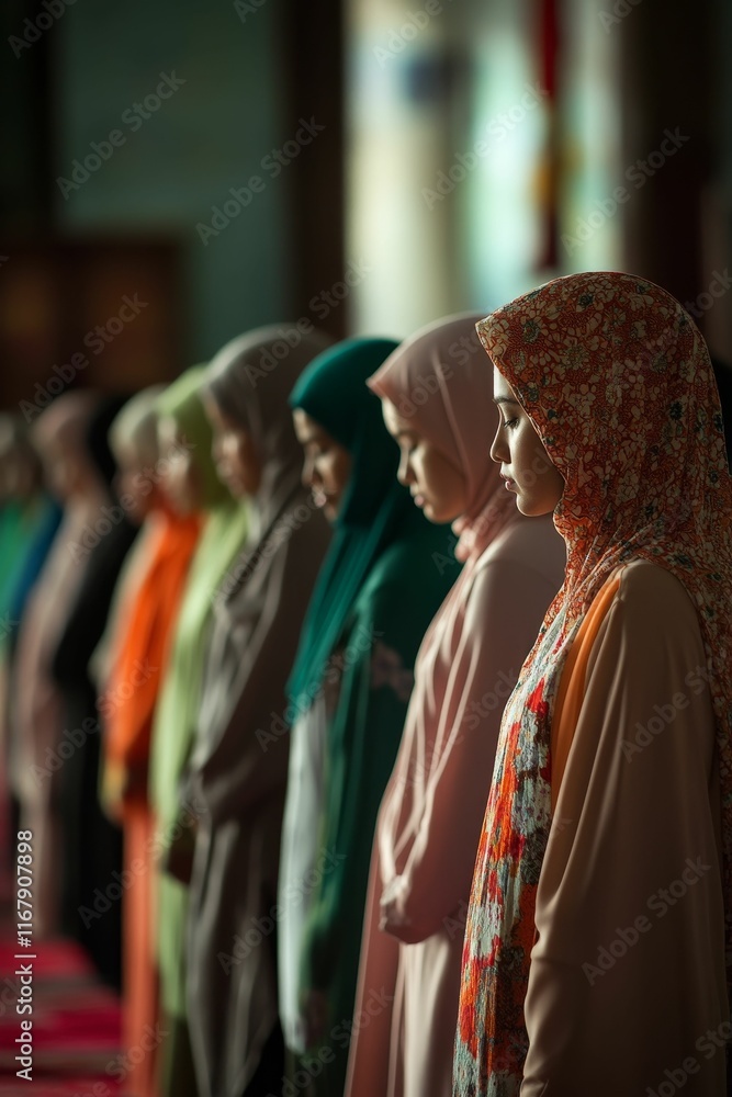 Women in head coverings pray, standing in a row. Women in head coverings pray, standing in a row.