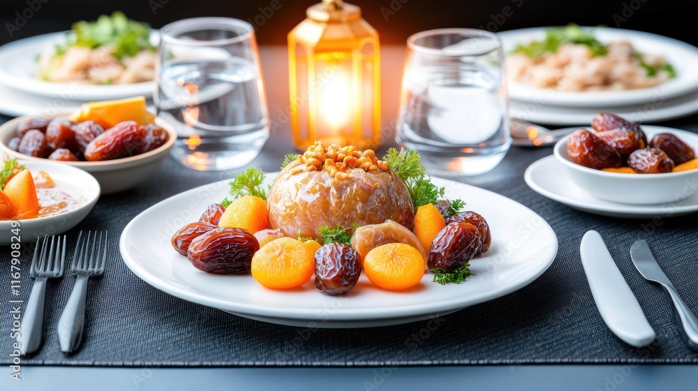 A beautifully arranged dinner table featuring a festive meal. A beautifully arranged dinner table featuring a festive meal.