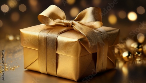 a gold wrapped gift box with a bow on top