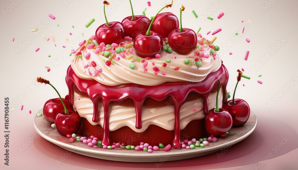 3d cherry cake featuring a cream topping and decorative sprinkles perfect for dessert themed illustrations and digital designs isolated on white background 3d cherry cake featuring a cream topping and decorative sprinkles perfect for dessert themed illustrations and digital designs isolated on white background