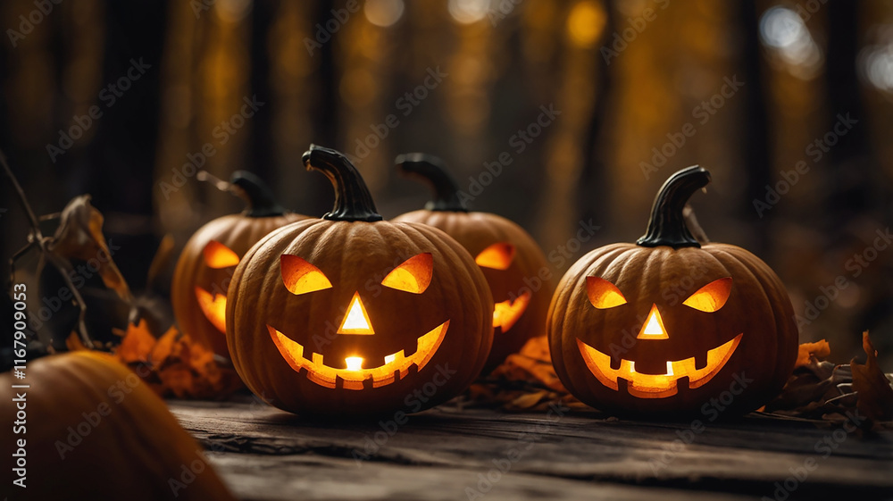Glowing Jack-o'-lanterns: A Spooky Autumn Forest Scene Glowing Jack-o'-lanterns: A Spooky Autumn Forest Scene