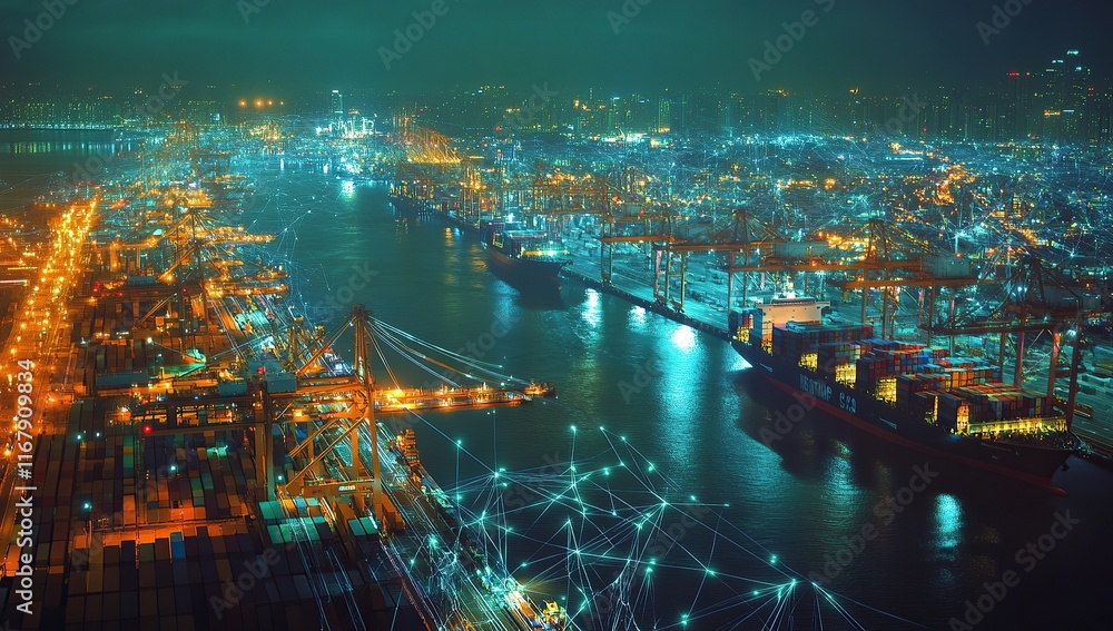Fototapeta premium A cargo ship in the harbor is connected to digital networks and data