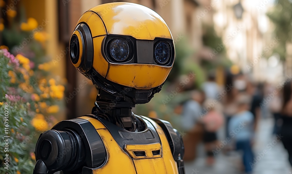 Yellow robot in city street. Yellow robot in city street.