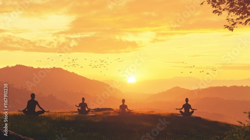 Serene Sunset Yoga Meditation Mountain Landscape