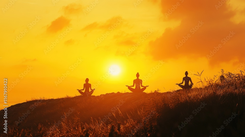 Three Women Meditate Silhouetted Against Sunset Three Women Meditate Silhouetted Against Sunset
