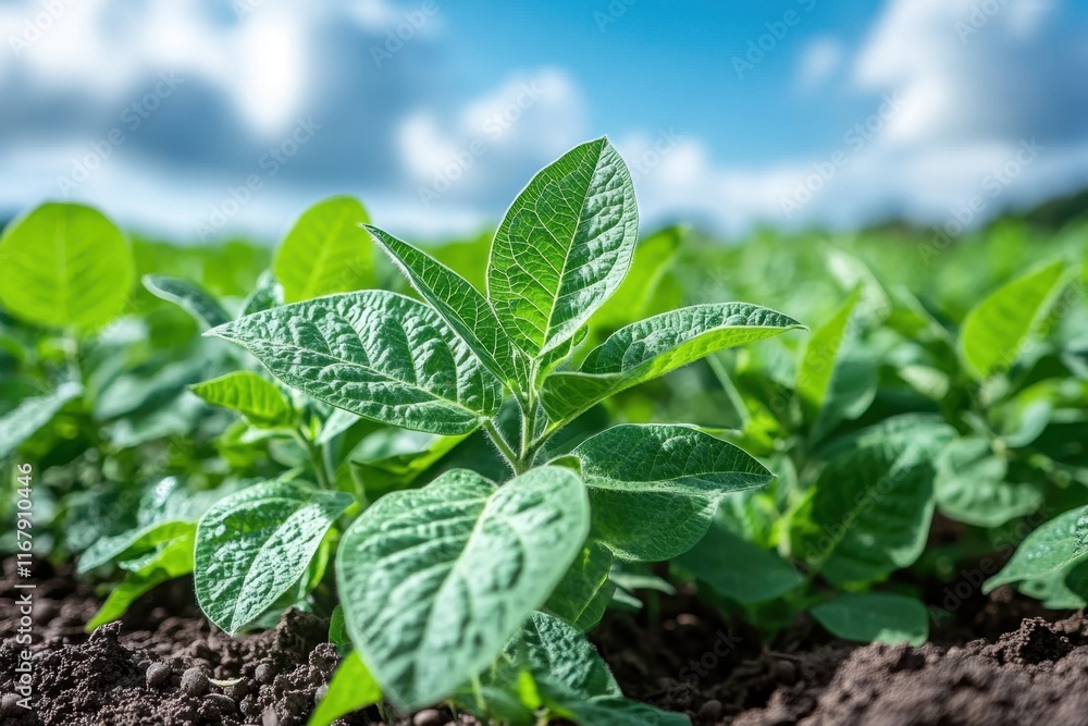 Dense rows of green soybean plants thrive in rich soil, illuminated by a clear blue sky. Generative AI Dense rows of green soybean plants thrive in rich soil, illuminated by a clear blue sky. Generative AI