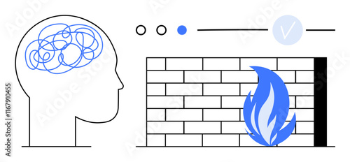 Persons head with tangled thoughts beside a brick wall and blue flame. Ideal for mental health, personal growth, overcoming challenges, resilience, brain health, emotional intelligence, therapy. Line