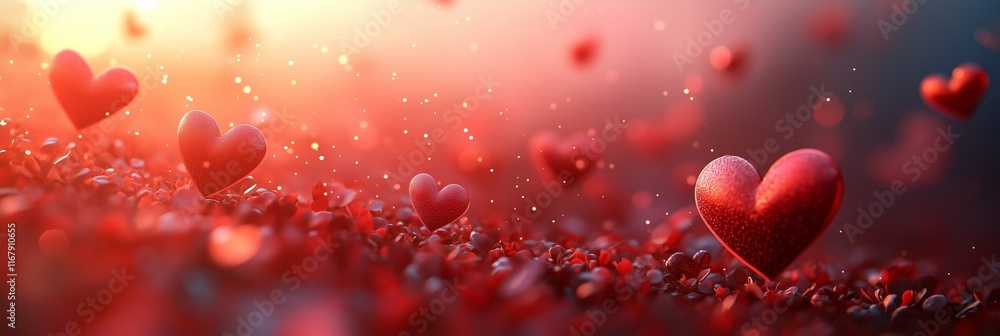 Valentine's Day background with flying hearts, red and pink colors, banner design. Valentine's Day concept. Abstract blurred red background Valentine's Day background with flying hearts, red and pink colors, banner design. Valentine's Day concept. Abstract blurred red background