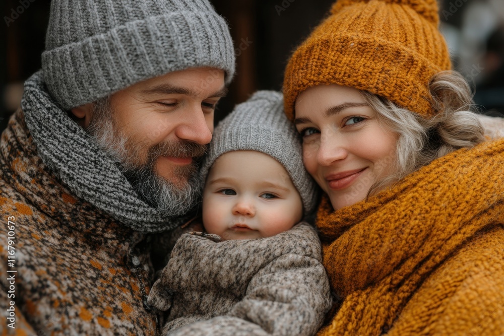 A warm family moment as a couple holds their baby, all dressed in winter attire. Generative AI A warm family moment as a couple holds their baby, all dressed in winter attire. Generative AI