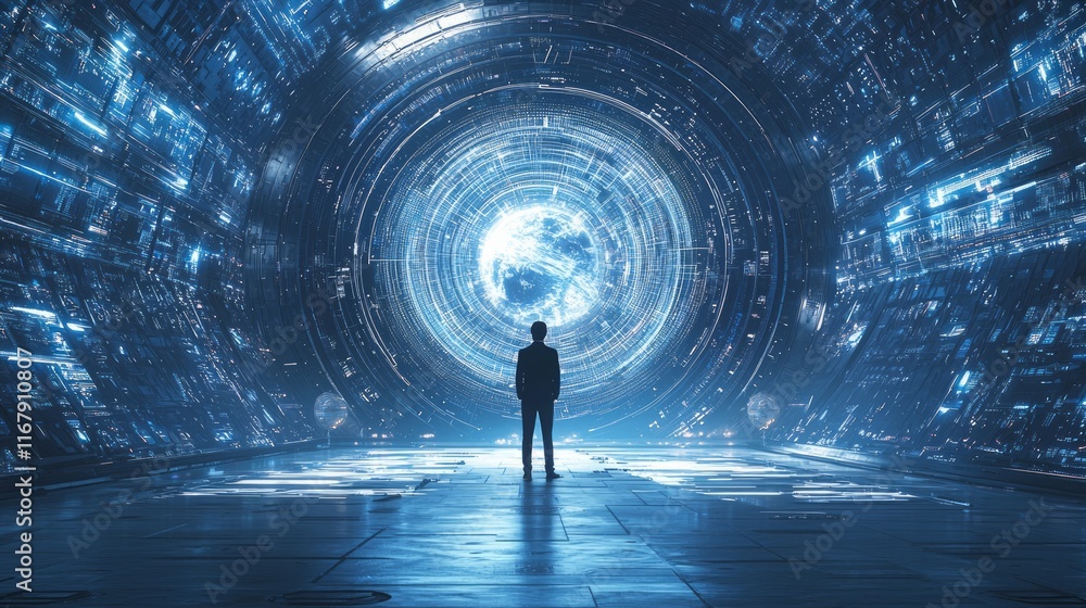 Fototapeta premium High-Tech Control Room: Solitary Figure Analyzing Orbital Schematics Amid Cosmic Vistas, Global Monitors Flicker with Tension