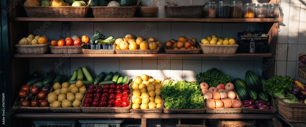 A Vibrant Display of Fresh Produce on Wooden Shelves A Vibrant Display of Fresh Produce on Wooden Shelves