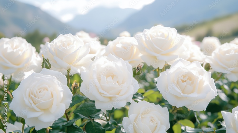 Obraz premium Serene white roses in bloom against a mountainous backdrop