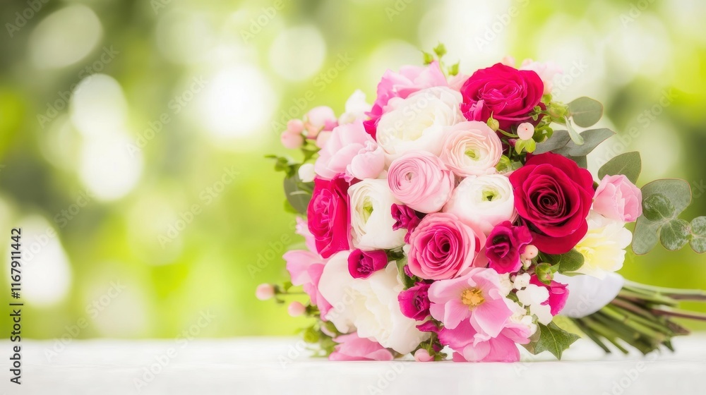 Elegant bouquet of pink and white roses with greenery on bright blurred background Elegant bouquet of pink and white roses with greenery on bright blurred background