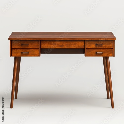 Elegant Wooden Desk with Four Drawers on Minimalist Background