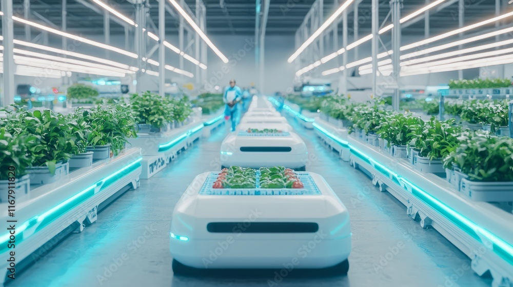 Naklejka premium Futuristic AI-Guided Distribution Center Sorting Produce and Meals with Precision Efficiency