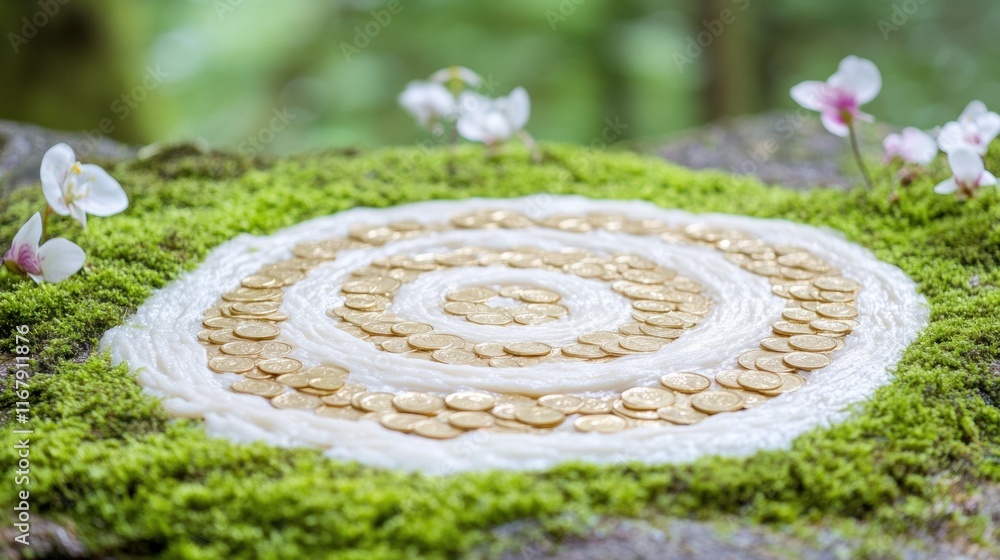 Enchanted spiral of coins on moss-covered rock with delicate orchids Enchanted spiral of coins on moss-covered rock with delicate orchids