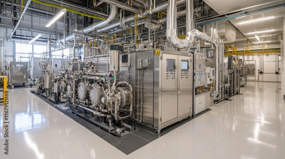 Naklejka premium Advanced Carbon Extraction Facility: Technicians Monitoring Efficiency in Sunlit Tubes of Fuel Transformation