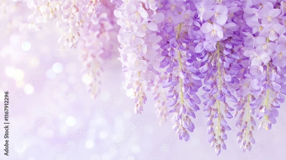 Naklejka premium Elegant cascading wisteria in soft pastel tones with a dreamy bokeh background