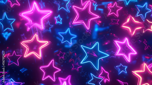 Neon hearts stars and arrows digital abstract colorful light patterns. Starshade. Illustration