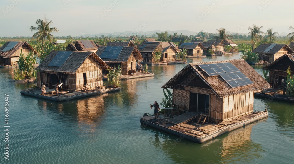 Fototapeta premium Enchanted Lagoon: Floating Libraries Bringing Knowledge to Villagers in a Sustainable Setting