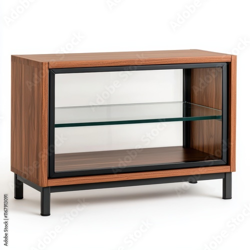 Modern wooden display cabinet with glass shelves and black frame photo