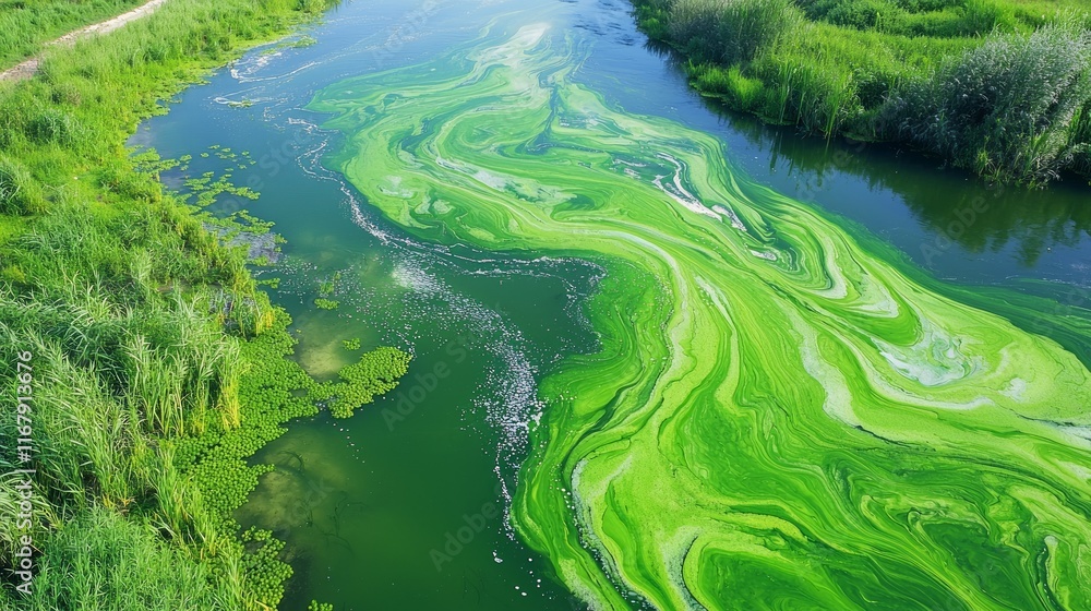 Sustainable Green Algae Farms Enhancing Water Quality and Biofuel Production along Riverbanks in Environmental Conservation Concept. Sustainable Green Algae Farms Enhancing Water Quality and Biofuel Production along Riverbanks in Environmental Conservation Concept.