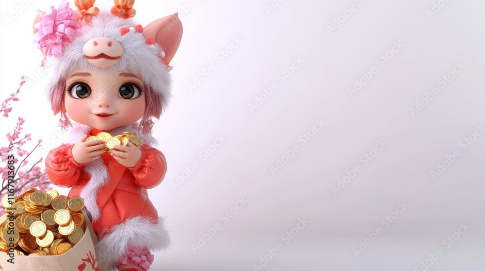 Fototapeta premium Cute cartoon character in festive costume holding gold coins