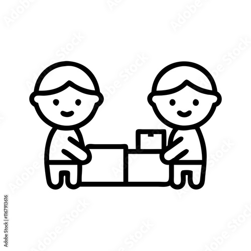 Two adorable kids dressed as delivery drivers organizing toy packages in a home playroom with glossy finish and copy space concept as Capture a wide angle shot of two cute children role playing as del