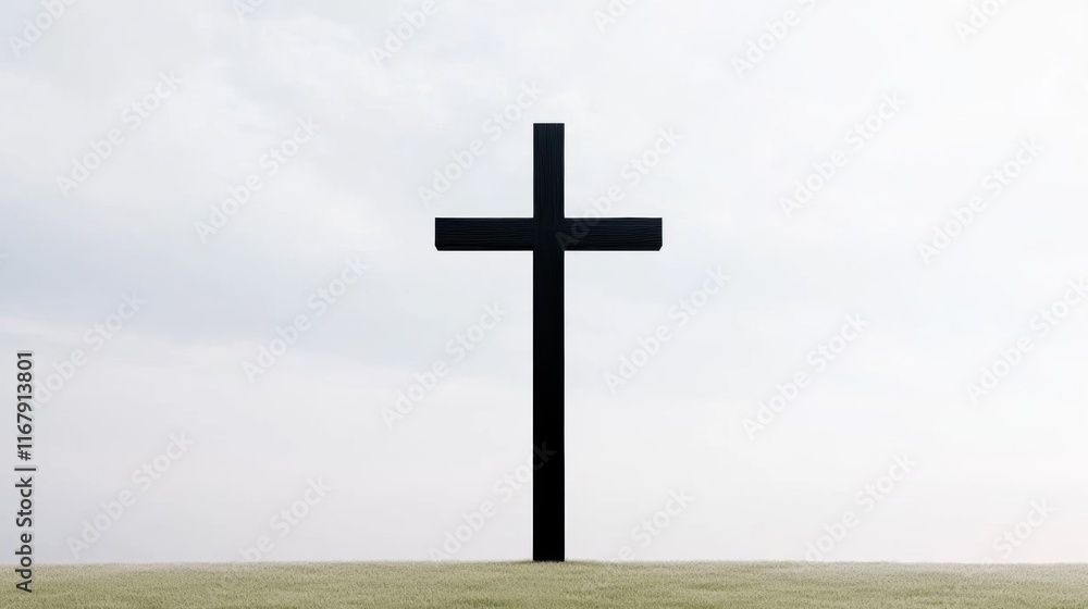 Minimalist black cross on tranquil pasture against overcast sky Minimalist black cross on tranquil pasture against overcast sky